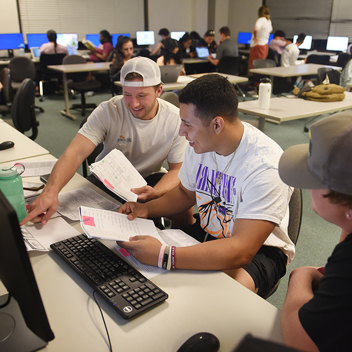 Accounting students looking at computer